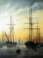 Ansicht eines Hafens romantischer Boote Caspar David Friedrich
